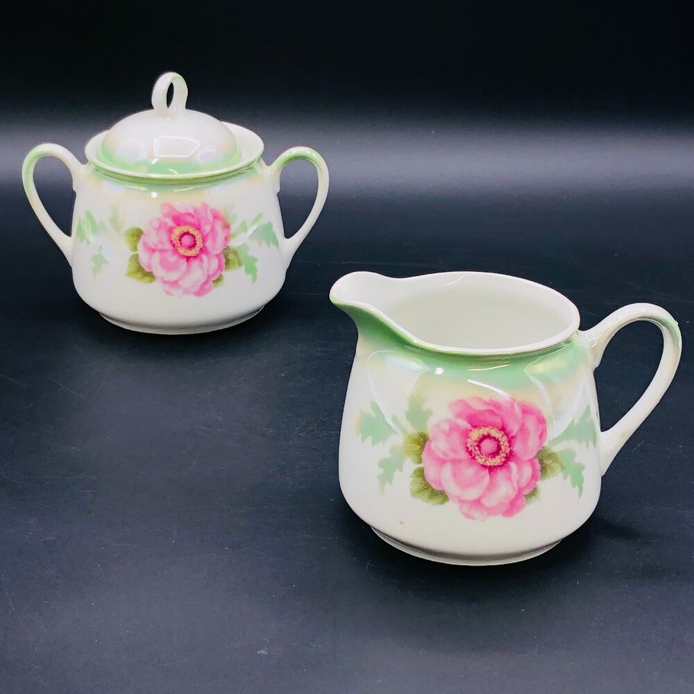 40s Germany Porcelain Cabbage Rose Creamer Sugar Bowl SET Vintage Coquette Tea